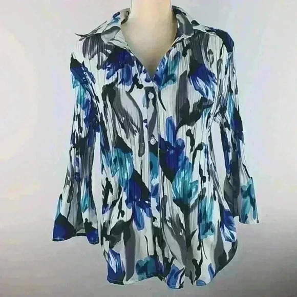 JOANNA FLORAL BLUE LONG SLEEVES BLOUSE SZ M - Picture 1 of 7